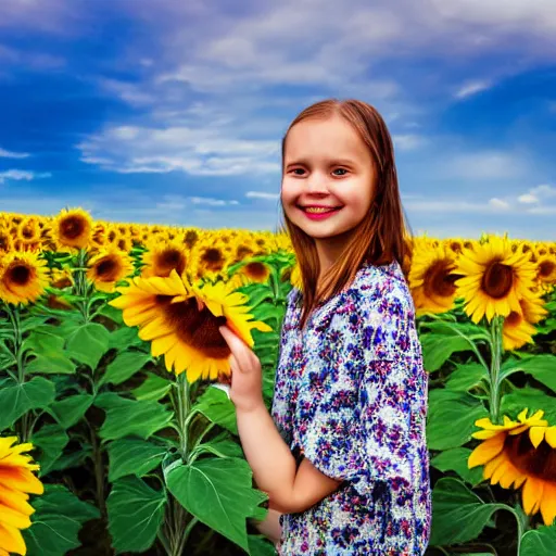 Image similar to Portrait, Drawing of a Ukrainian girl Smiling at the camera, Beautiful pretty young, flowers in her dark hair, Scene: Sunflower field, Colors: Yellow sunflowers, blue cloudy sky, In a style of Children scribbles