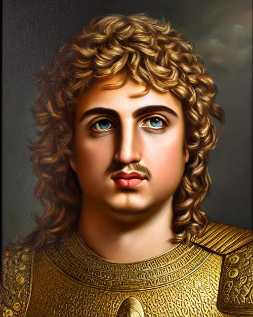 Image similar to oil painting portrait of alexander the great, high production value, intricate details, high resolution, hdr, high definition, masterpiece, realistic, ultrarealistic, highly detailed, hd, sharp focus, non blurry, sharp, smooth