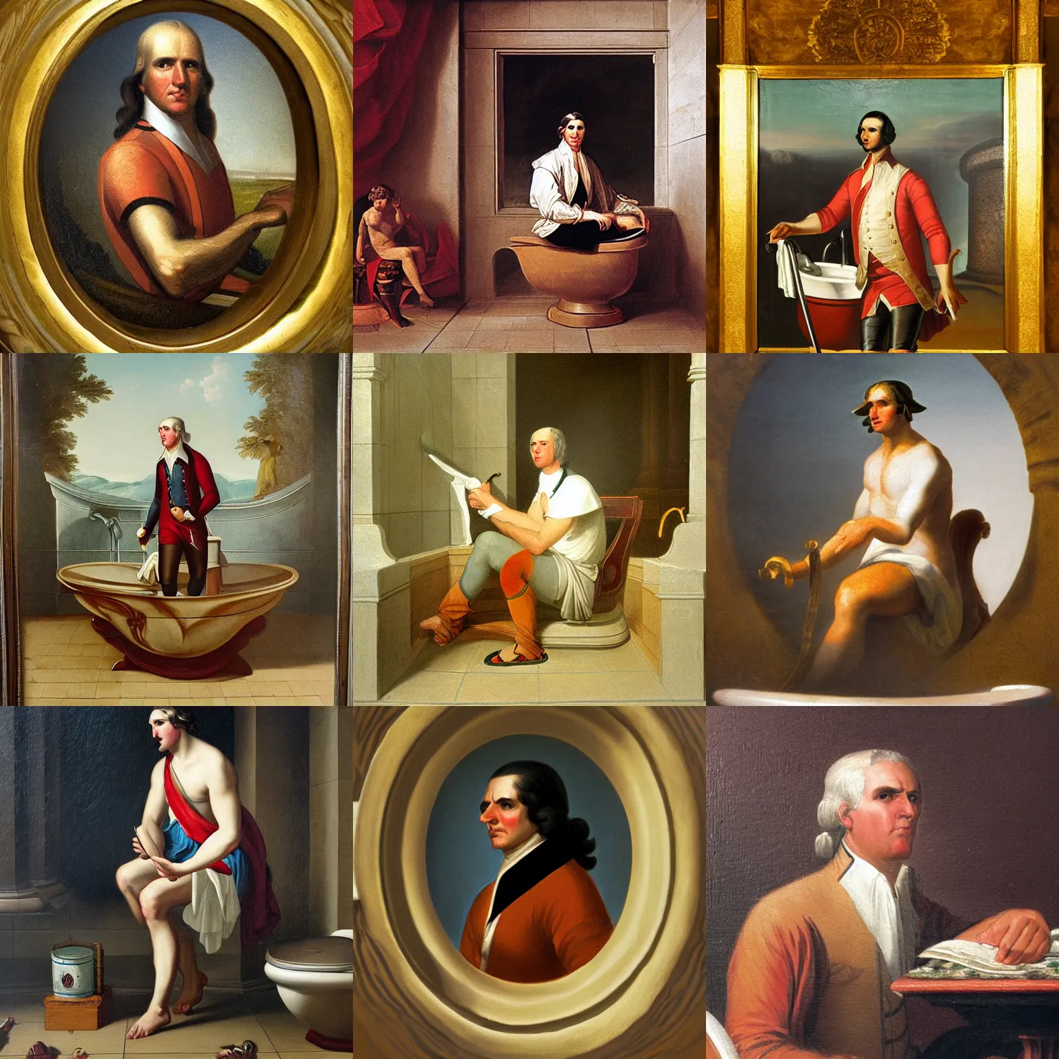 Prompt: neoclassical painting of captain cook exploring inside a toilet bowl