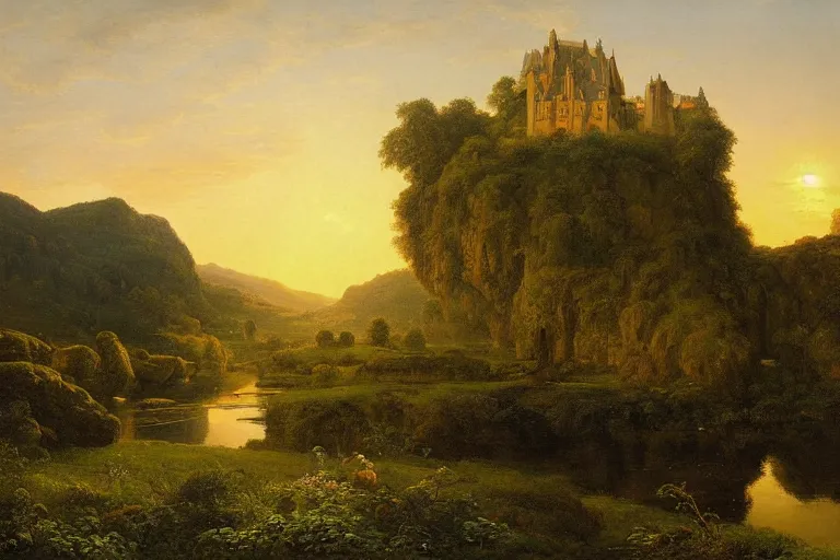 Image similar to floating castle over a lush valley at sunset, masterpiece by Caspar David Friederich, golden hour