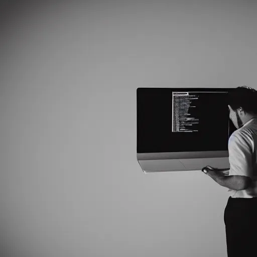 Prompt: guy looking at a laptop screen laughing, photograph, 35mm