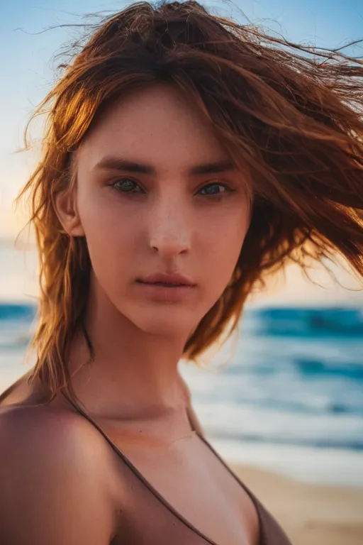 Prompt: 2 4 year old female model, wearing v - neck top, zoomed in, photo realistic, extreme detail skin, no filter, slr, golden hour, beach, 4 k, high definition, selfie