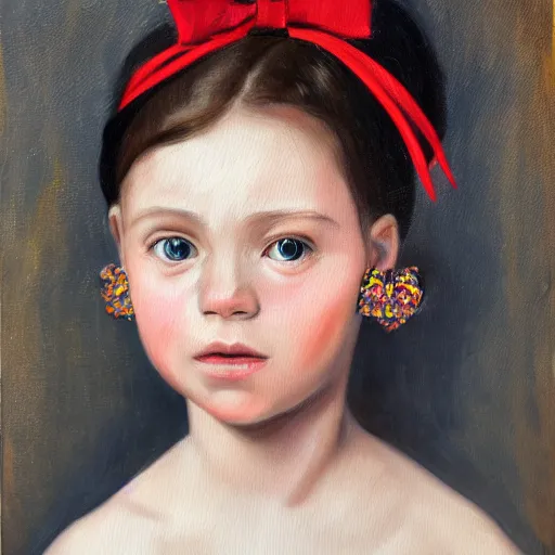 Image similar to a portrait painting of a girl with eyeballs as earrings and a huge bow on her head, 4k,