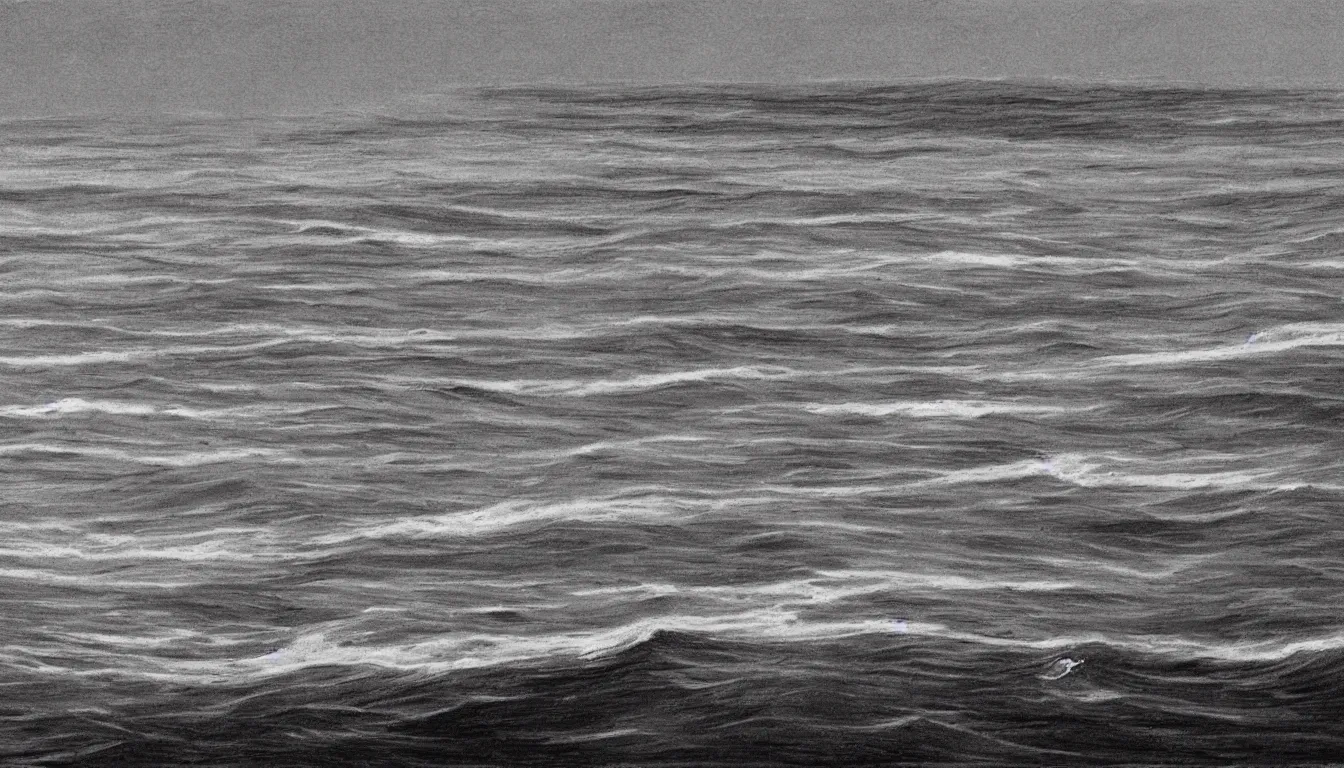 Prompt: huge open ocean oceanscape with horizon drawing by Moebius, minimalist, detailed, black and white drawing