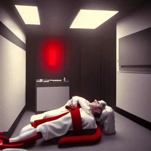 Image similar to a scene from the movie dead ringers with clean shaven jeremy irons, dark cinematic lighting, heavy black and red palette and color contrast, medical equipment, movie directed by wes craven, 3 d octane render