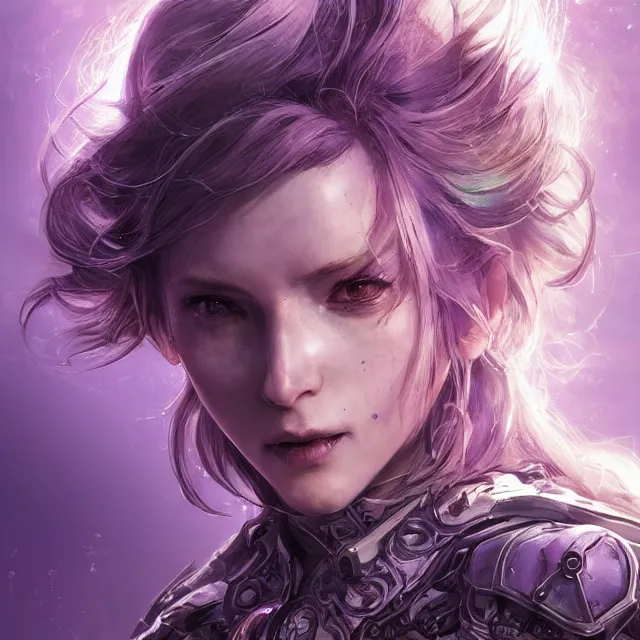 Image similar to close facial portrait of a pale woman in sci - fi armor with a flowing purple, elegant, stoic, intense, ultrafine hyperdetailed illustration by kim jung gi, irakli nadar, intricate linework, sharp focus, octopath traveler, final fantasy, hearthstone, highly rendered, global illumination, radiant light, detailed, intricate environment