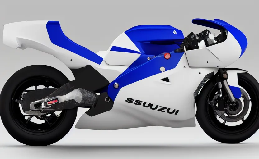 Prompt: suzuki prototype, racing motorbike, symmetrical mechanical features, designed by pininfarina, smoke, elegant design, northen lights background, brushed white and blue paint, black wheel rims, hard surfaces modelling, futuristic, show room scene, dramatic lighting, hyper realistic rendering, made in fusion solidworks, bokeh effect, 1 5 0 mm, 4 k