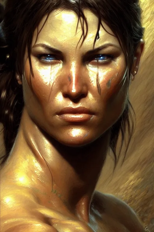 Image similar to muscular sweat lara croft, face close up, highly detailed painting by gaston bussiere, craig mullins, j. c. leyendecker 8 k