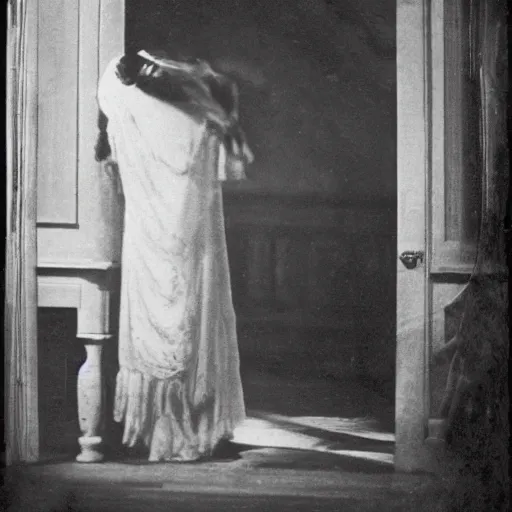 Image similar to photograph from 1900 of a ghost in a mansion. Black and white. Film.