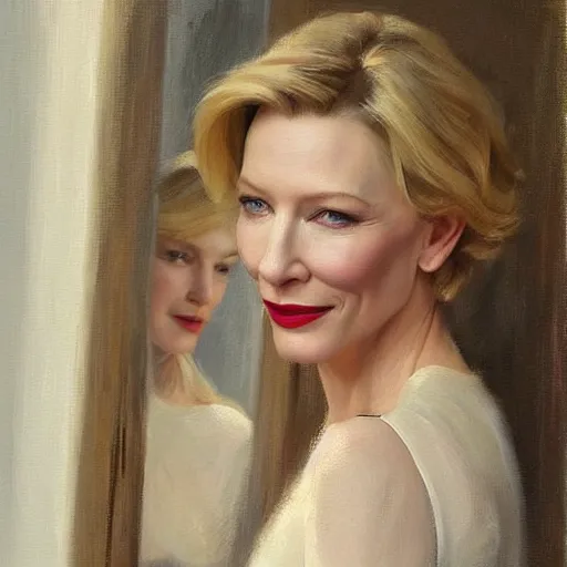 Image similar to cate blanchett in low-cut blouse in front of a mirror, painting by Vladimir Volegov