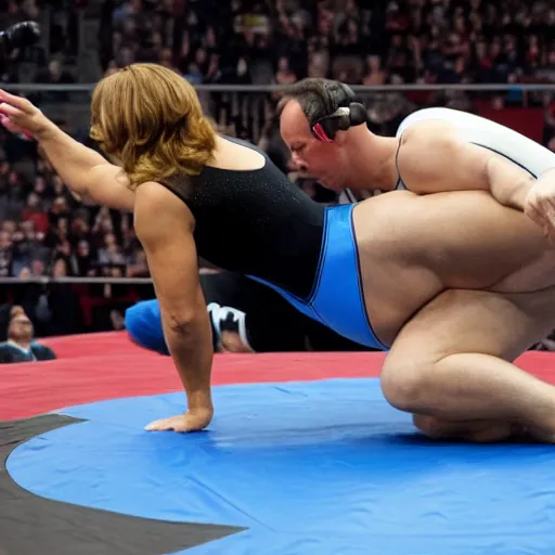 Prompt: alex jones is wearing a leotard and is wrestling on a wrestling mat with Joe Biden wearing an azov battallion uniform, they are both incontinent and have soiled and vomitted on the wrestling mat