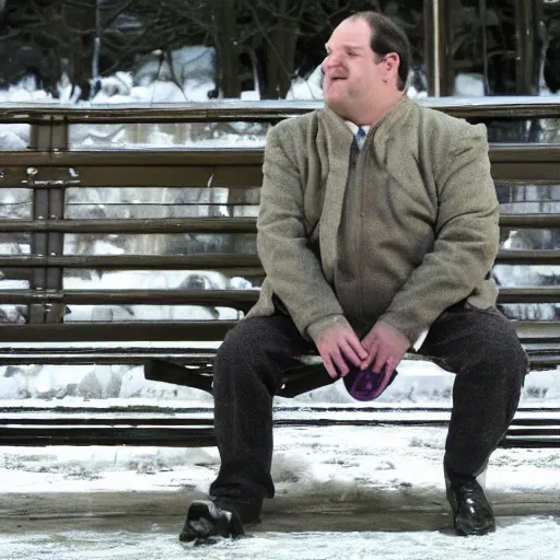 Image similar to Kevin Malone wearing a black ushanka hat and black wool overcoat sitting on a park bench during the winter