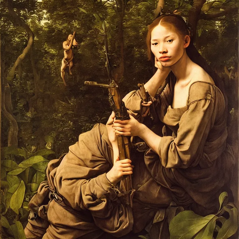 Image similar to portrait of a vietnam war soldier, majestic, in jungle, fine art portrait painting, strong light, fashion, clair obscur, by albrecht durer, by caravaggio, by diego velazquez, by johannes vermeer, by jean honore fragonard, by peter paul rubbens, by bouguereau