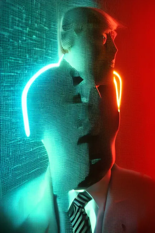 Image similar to portrait of cyber donald trump, futuristic style, neon lights, fog volumetrics, cyborg futuristic sci - fi