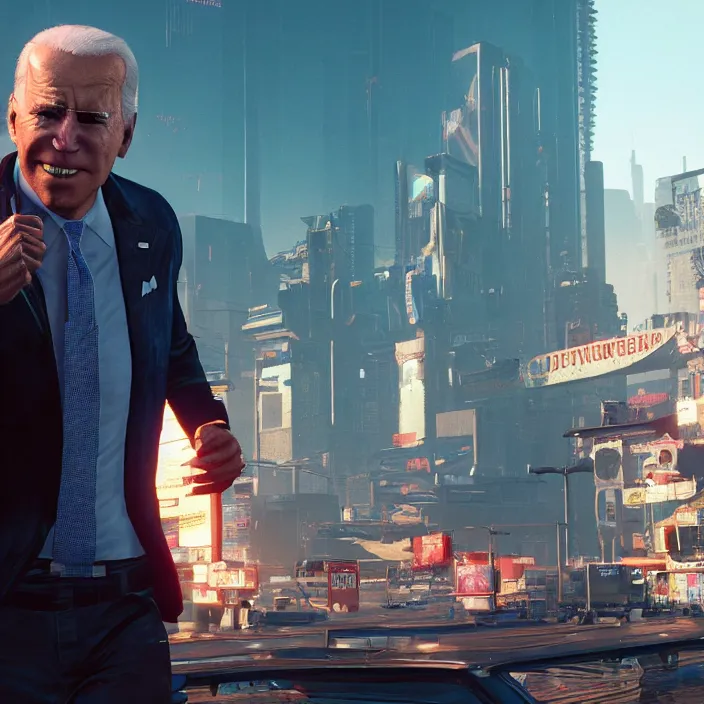 Image similar to Joe Biden in Cyberpunk 2077, Gameplay Screenshot, detailed