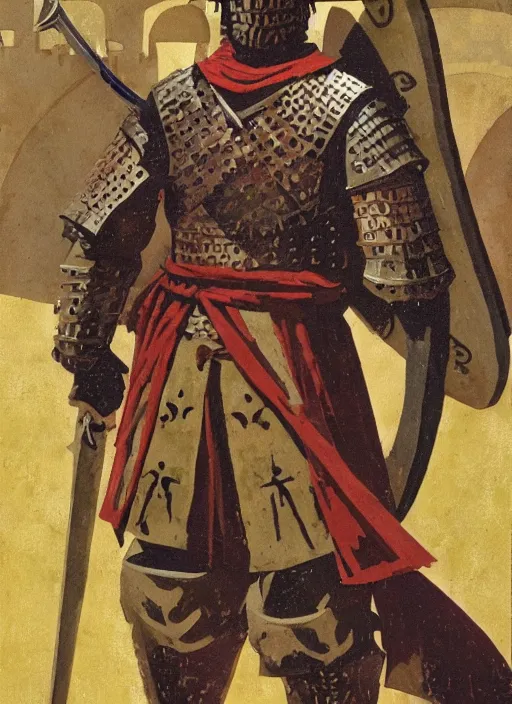 Image similar to character art illustration of a medieval Byzantine infantry warrior by Angus McBride.