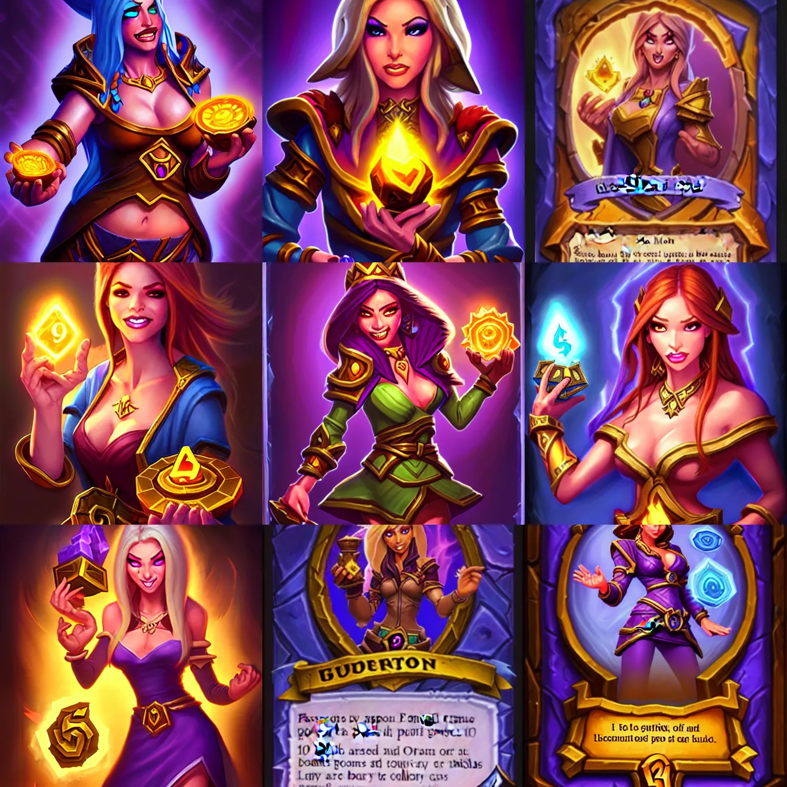 Prompt: Full body Hearthstone official professional art, with realistic beautiful body & face & eyes. Important:A sorceress opening a chest full of gold.