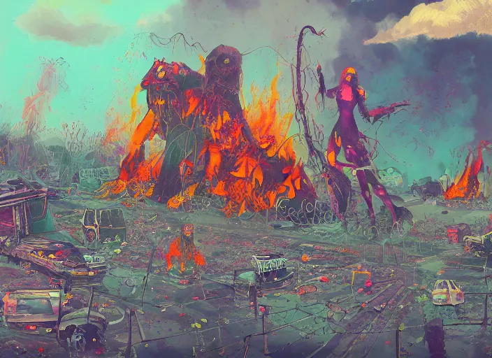 Prompt: a bad psychedelic trip, cows falling onto pits of fire, crows perched on a barbed wire fence, smog and abandoned vehicles litter the streets, zombified creatures walk the earth, digital painting masterpiece, trending on artstation and pixiv