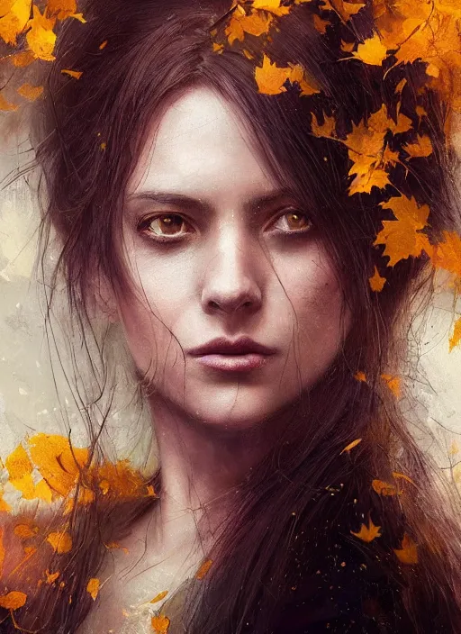 Prompt: golden leaves at frame border, creative composition for a book cover, moon shine, beautiful portrait painting by jeremy mann, a female witch absurdly beautiful, ultrafine hyperrealistic detailed face by wlop and artgerm and greg rutkowski, intricate linework, sharp focus, smooth, octopath traveler, final fantasy, unreal engine, dramatic lighting, ethereal, 8 k