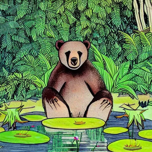 Image similar to a bear sitting in a pond in a lush jungle together with a guitarist, drawing by moebius