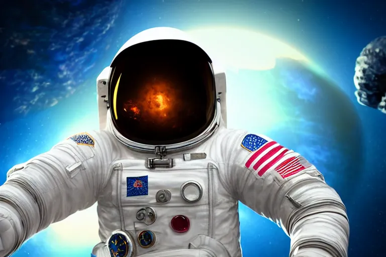 Image similar to astronaut in space wearing a spacesuit floating, earth explosion in background, highly detailed, photorealistic portrait, bright studio setting, studio lighting, crisp quality and light reflections, unreal engine 5 quality render