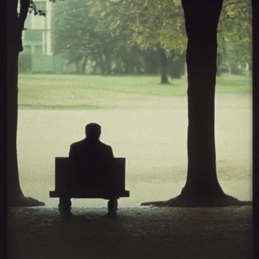 Image similar to Lonely man sitting on bench photographed by Andrej Tarkovsky, kodak 5247 stock, color photograph