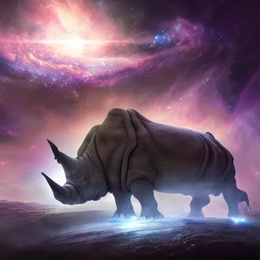 Image similar to a giant galactic rhino stampeding through a nebula by WLOP and tony sart, fantasy art, 4k, HDR, photorealistic, 8k, trending on artstation