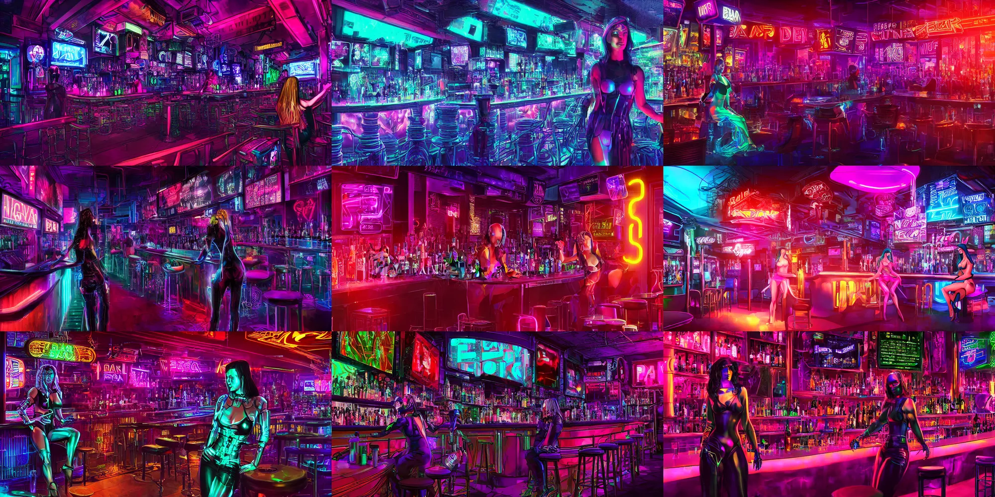 Prompt: Cyberpunk woman the bar inside a crowded neon nightclub, highly detailed digital art, 8k