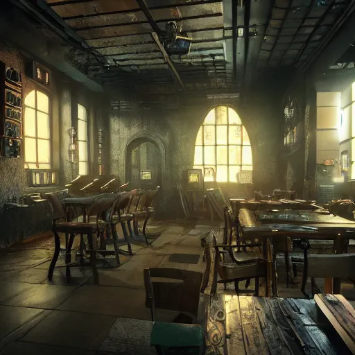 Image similar to ultra mega super hyper realistic Digital concept interior design of Cyberpunk tavern mixed with medieval style. Natural sunlight from the transperient roof . Rendered in VRAY and DaVinci Resolve and MAXWELL and LUMION 3D, Volumetric natural light