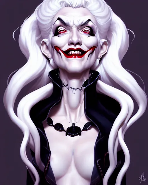 Image similar to digital art, centered portrait of smiling cruella deville, creepy, cold light, somber by james jean and by artgerm, by ross tran, ultradetailed, charachter design, concept art, trending on artstation,