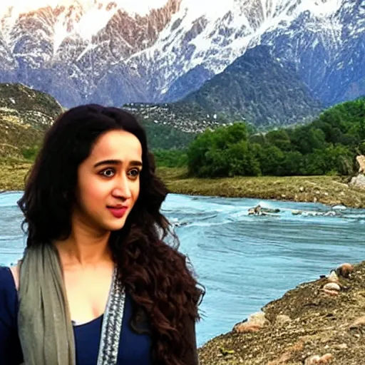 Prompt: photograph of shraddha kapoor near a river, mountains in background, night time