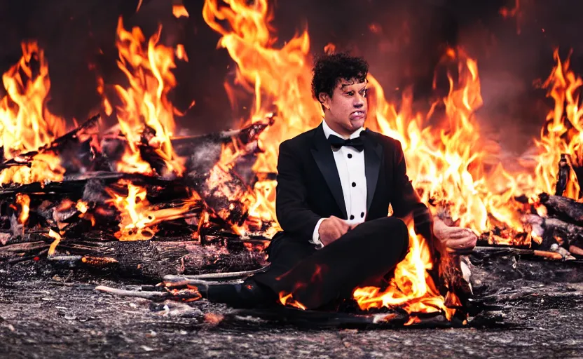 Prompt: a man wearing a tuxedo sitting in the middle of a bonfire