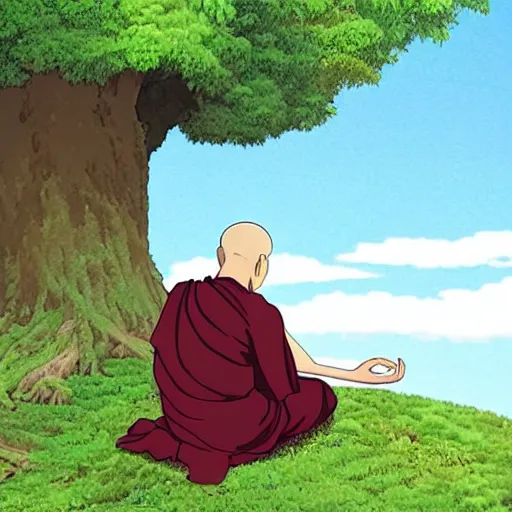 Image similar to Meditating Buddhist monk sat at the base of a large tree on top of a green hill artwork by studio Ghibli