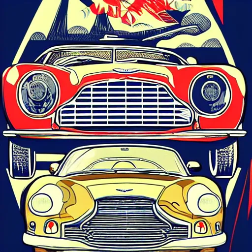 Image similar to colorful!!!!! mcbess illustration of a vintage aston martin