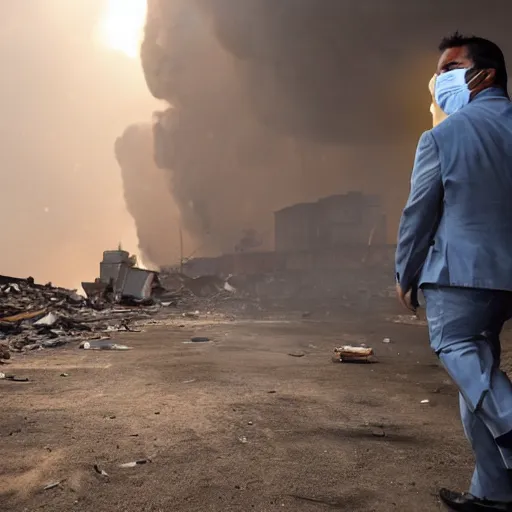 Image similar to photo of a man in a suit wearing a latex mask of a emperor penguin, at a favela, walking away from explosion, dramatic lighting