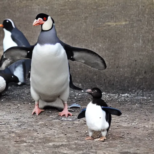 Prompt: a chicken, a penguin, a pigeon and a chicklet side by side