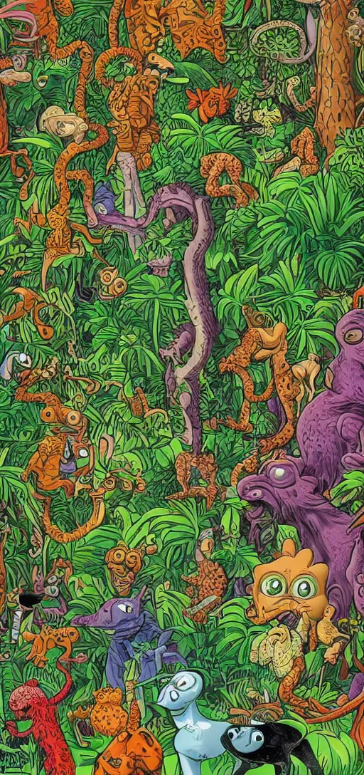 Image similar to a jungle of lies, with creatures of all kinds, full color in the style of jim woodring