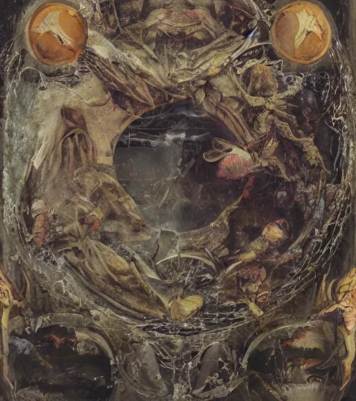 Image similar to an oil painting by botticelli, by arcimboldo, by yoshitaka amano, by beksinski, by giger, by hieronymus bosch seen through a kaleidoscope, detailed, high resolution, scratches