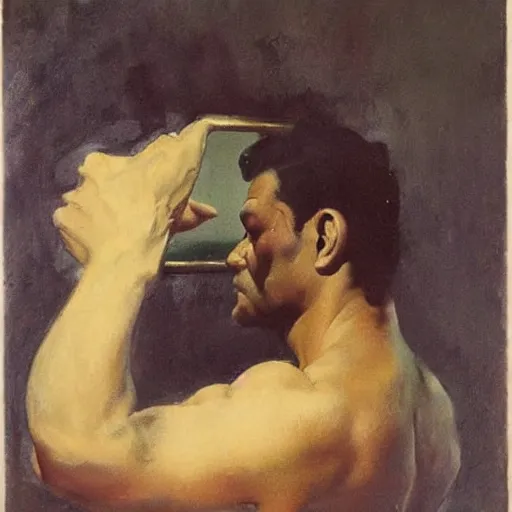 Prompt: a man looking at a mirror depressed, frank frazetta