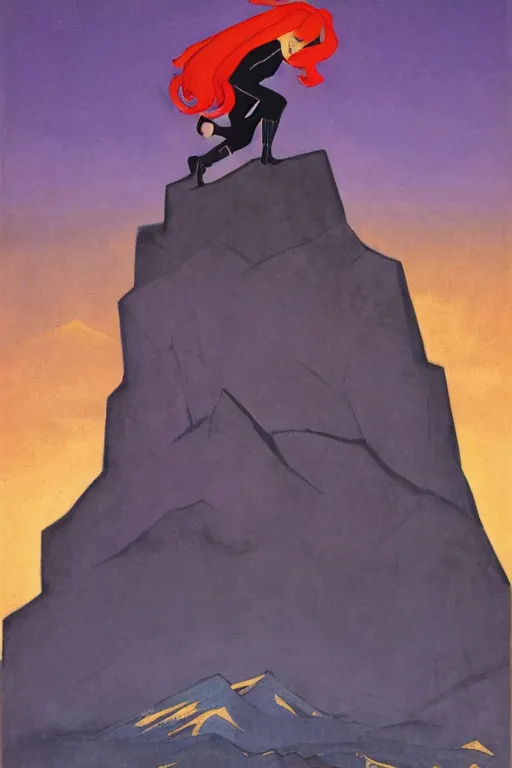 Image similar to black widow ( natasha romanova ) on mountains, marvel, artwork by nicholas roerich,