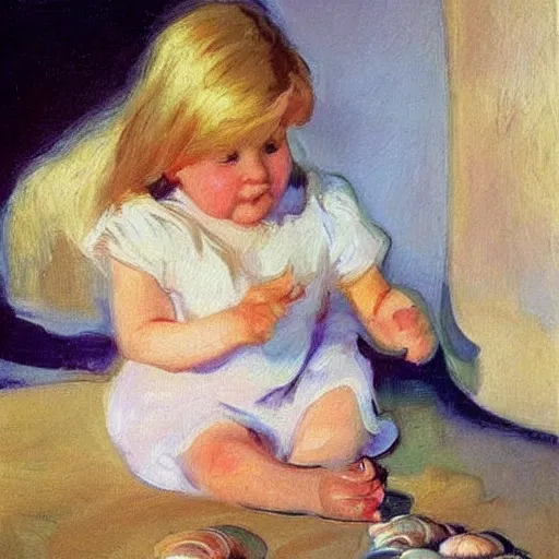 Prompt: A 2 year old girl playing with small abalone shells, blond hair. Painting by Sorolla