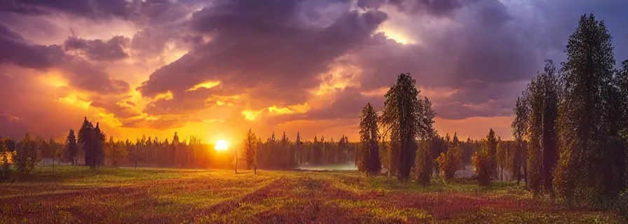 Prompt: view on sleeping district in province russian town at morning sunrise, doomer romantic lightning, squared buildings, trees