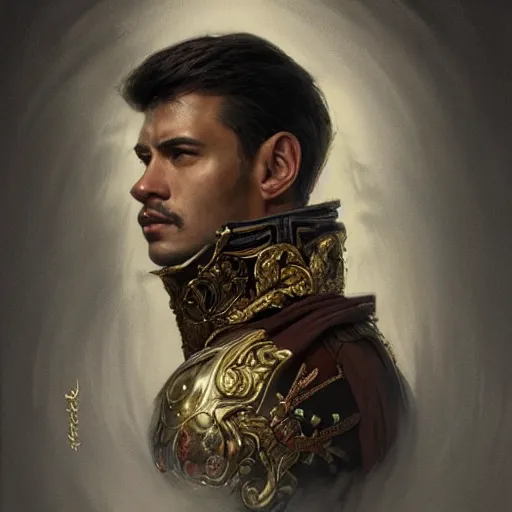 Prompt: portrait john oliveras stoic king, royalty, extravagant, full body, military uniform, fantasy, intricate, elegant, beautiful, highly detailed, charcoal, centered, dark, smokey, digital painting, artstation, concept art, art by artgerm and greg rutkowski and alphonse mucha