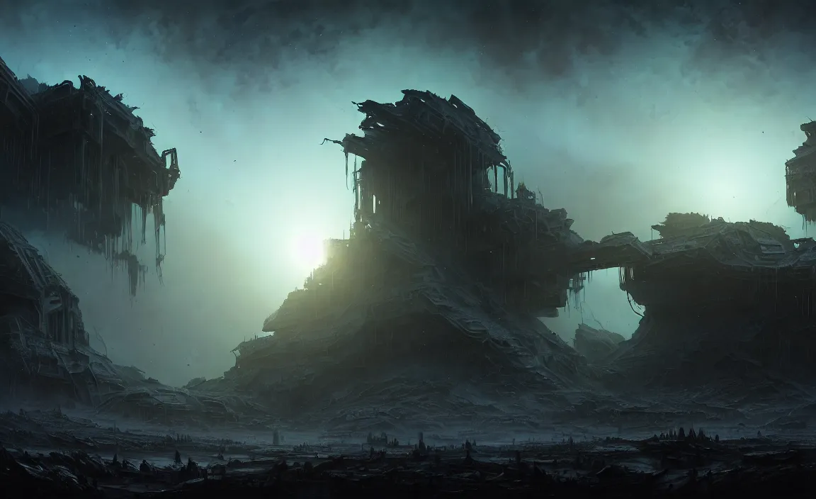 Image similar to epic professional sci - fi digital art of destroyed planetary outpost, eerie atmospheric lighting, painted, detailed, intricate, dynamic lighting, foreboding, by leesha hannigan, wayne haag, reyna rochin, ignacio fernandez rios, mark ryden, iris van herpen, hdr, 8 k, epic, stunning, gorgeous, much wow, cinematic, masterpiece