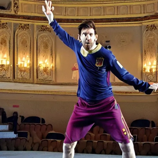 Prompt: lionel messi wearing dancing ballet on the Odessa Opera Theatre stage