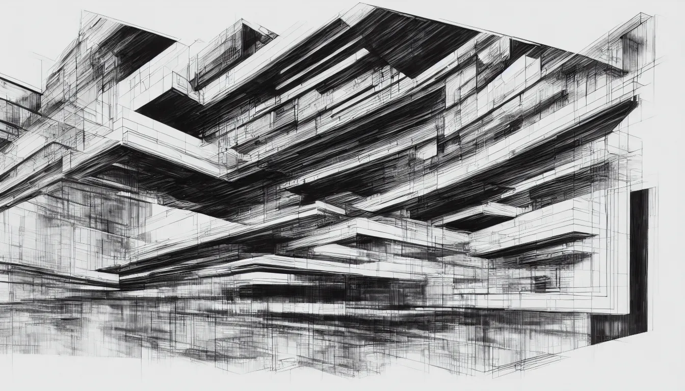 Image similar to a black and white drawing of a architectural elevation by zaha hadid, a screenprint by robert rauschenberg, behance contest winner, deconstructivism, da vinci, constructivism, greeble
