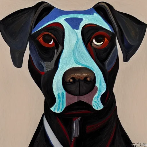 Prompt: Intricate five star Dog Facial portrait by Pablo Picasso, oil on canvas, high detail, matte finish, high contrast, 3d depth, masterpiece, vivid colors, artstationhd