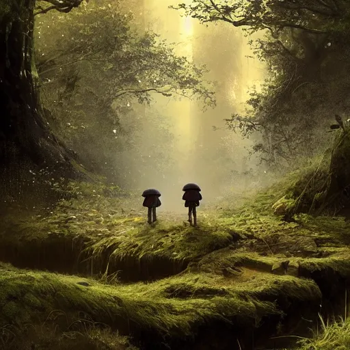 Prompt: tiny mushroom people walking by a stream in a lush forest, dramatic lighting, illustration by Greg rutkowski, yoji shinkawa, 4k, digital art, concept art, trending on artstation