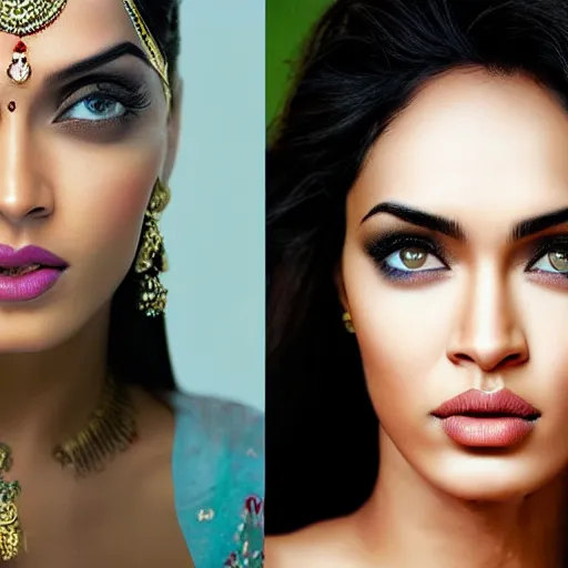 Image similar to Portrait photography of indian beauty who have the nose of Angelina Jolie, lips of Megan Fox and the eyes of Rihanna, award winning photography by Leonardo Espina