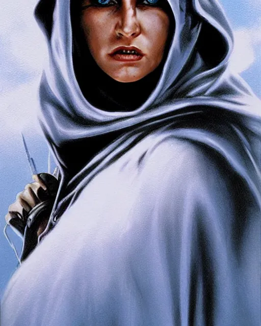 Image similar to hooded adventurer woman, airbrush, drew struzan illustration art, key art, movie poster